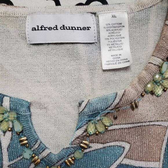 Alfred Dunner Women's XL Beaded V-Neck Leaf Print Glitter Knit Top Short Sleeve - Picture 4 of 7